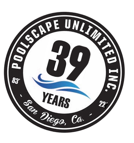 Poolscape Unlimited 39 years stamp - black and white with blue waves